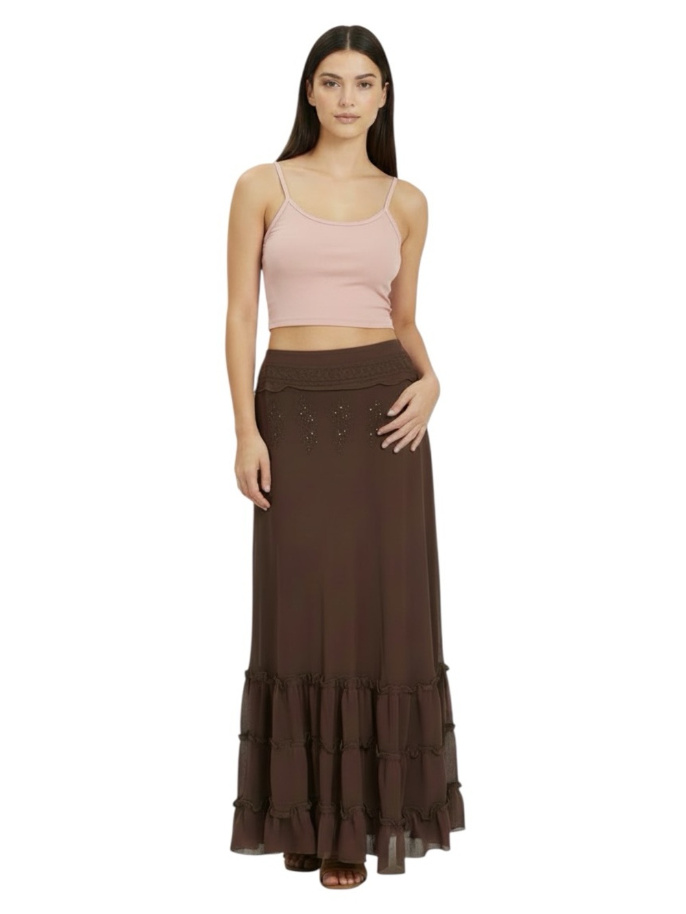 Vintage Y2K Brown Ruffle Flounce Maxi Skirt Fairy Grunge Cowgirl Shabby Chic L